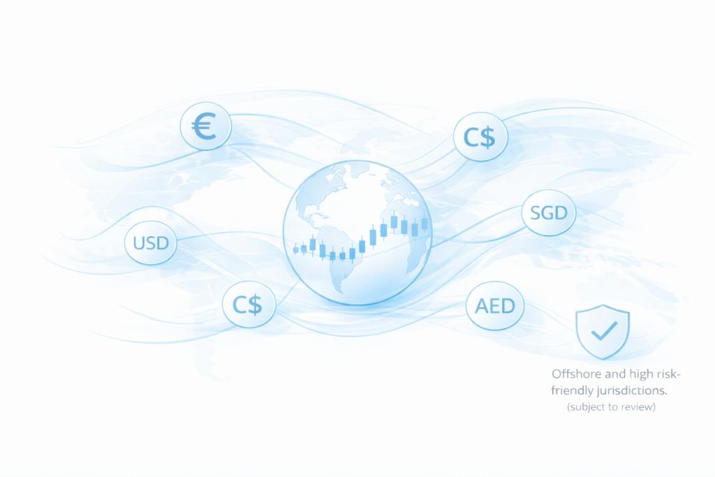 Global payment processing and currency support for high-risk businesses.