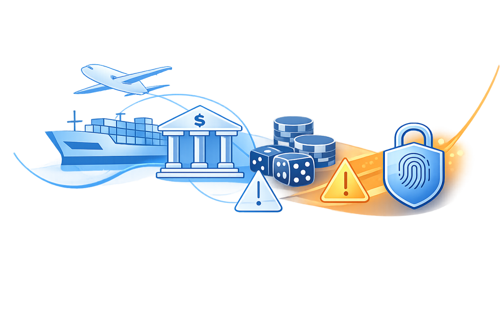 High-risk payment solutions: airplane, ship, bank, and security icons representing complex transactions and risk management.