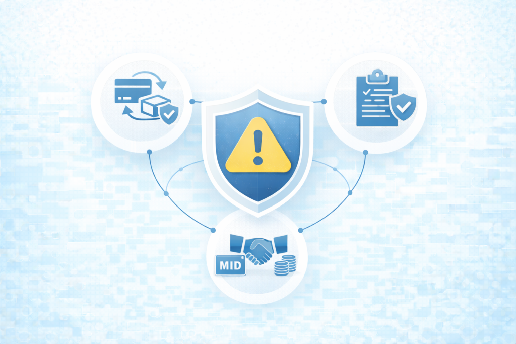 Chargeback protection shield with MID and dispute resolution icons, safeguarding merchant accounts and payment processing.