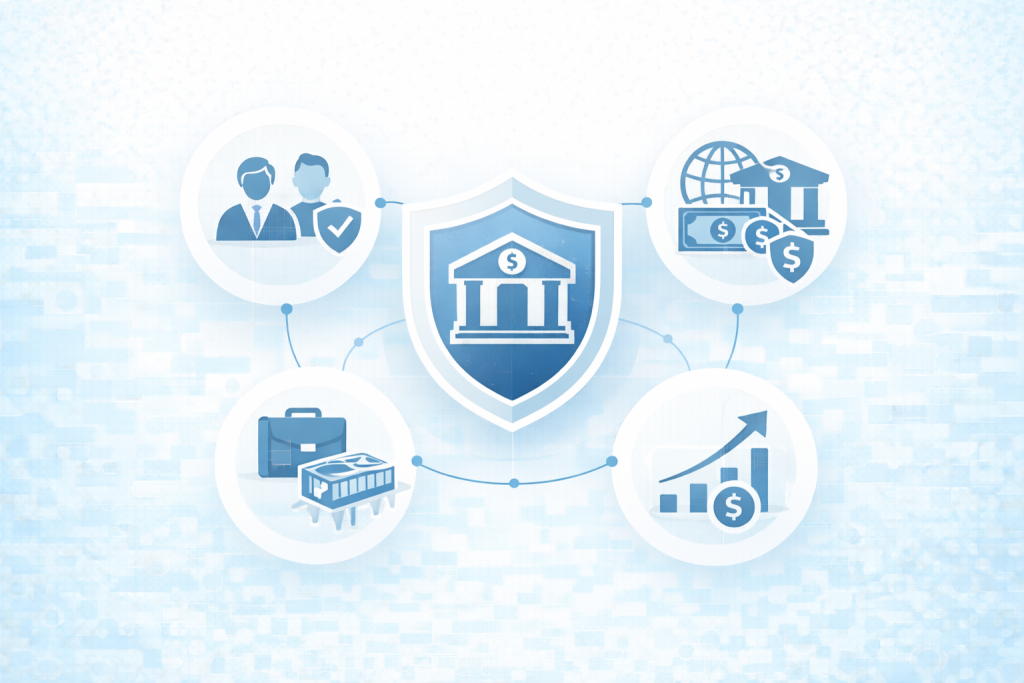 High-risk business banking solutions and secure payment processing with bank icon and financial growth.