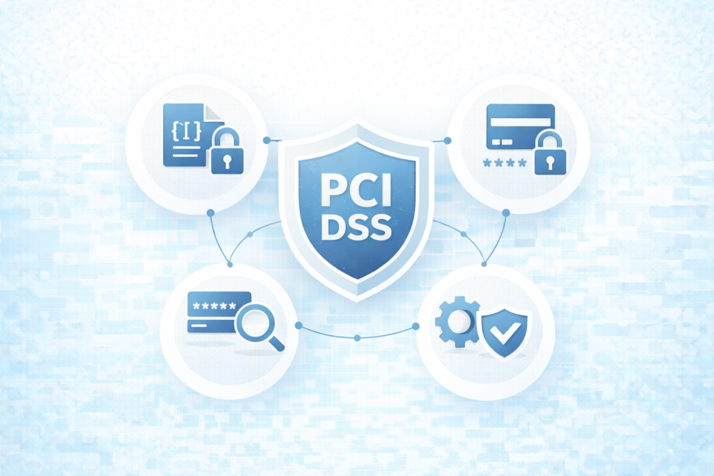 PCI DSS compliance shield with card data security, payment gateway, and configuration icons.