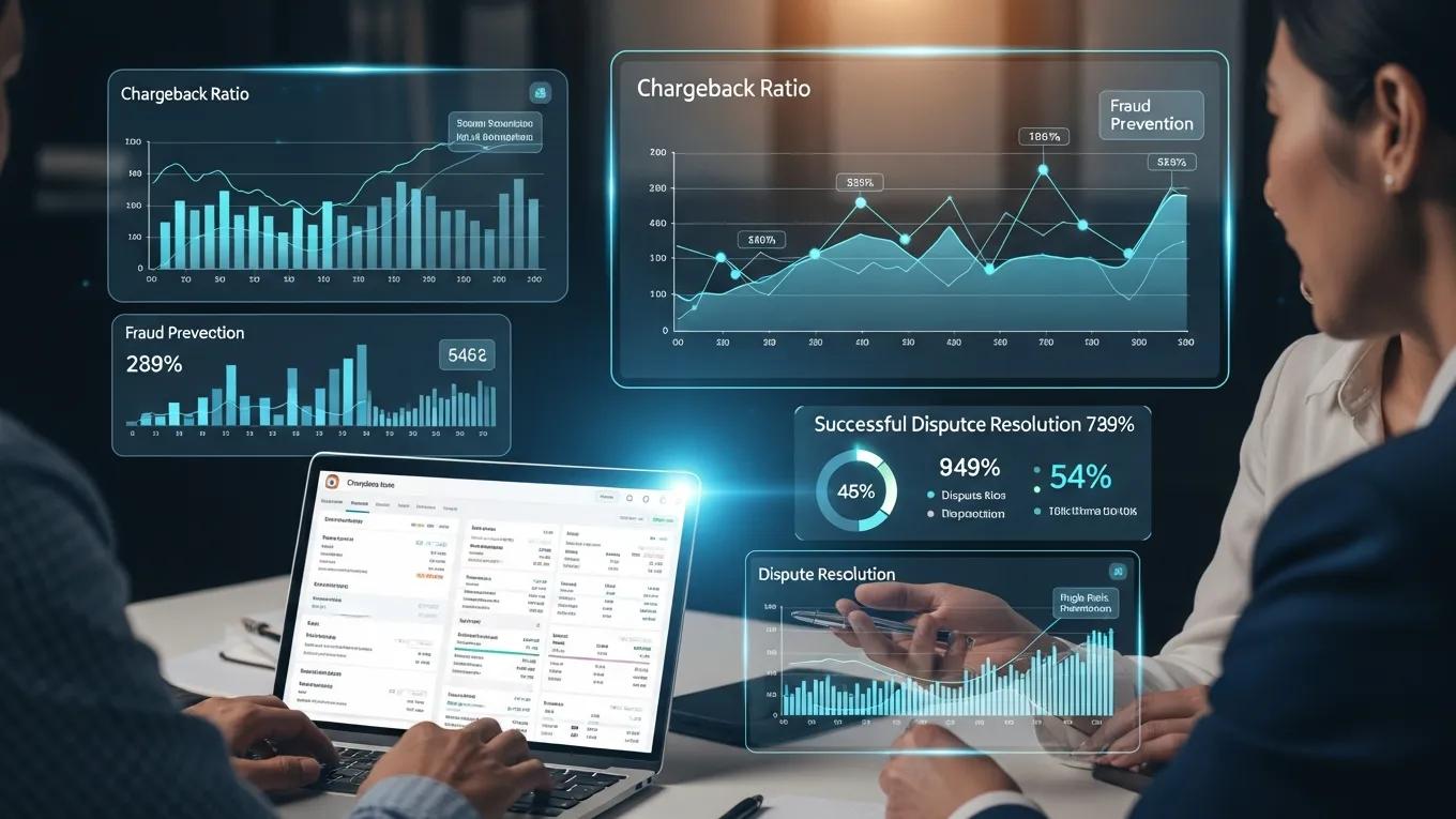 Business owner and financial advisor discussing chargeback management strategies with data analysis