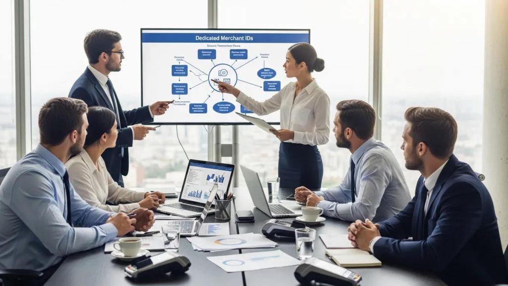 Business professionals collaborating on payment processing solutions in a modern office setting