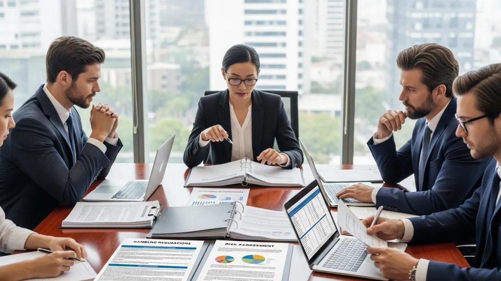 Business professionals discussing compliance documents in a modern office, highlighting gambling regulations