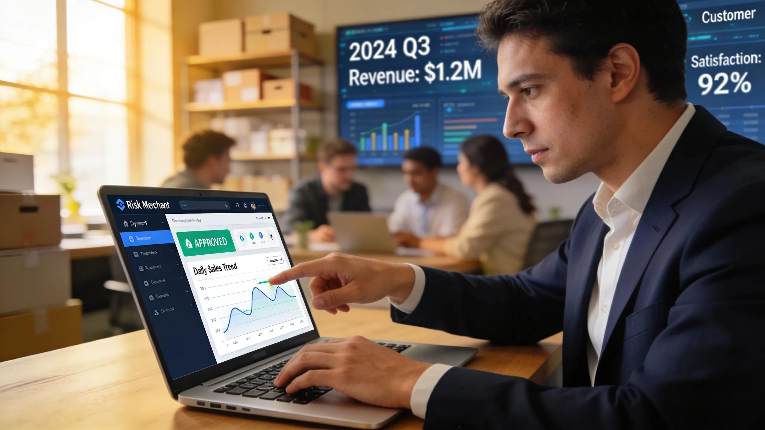 High-risk merchant reviewing payment gateway transactions on a computer