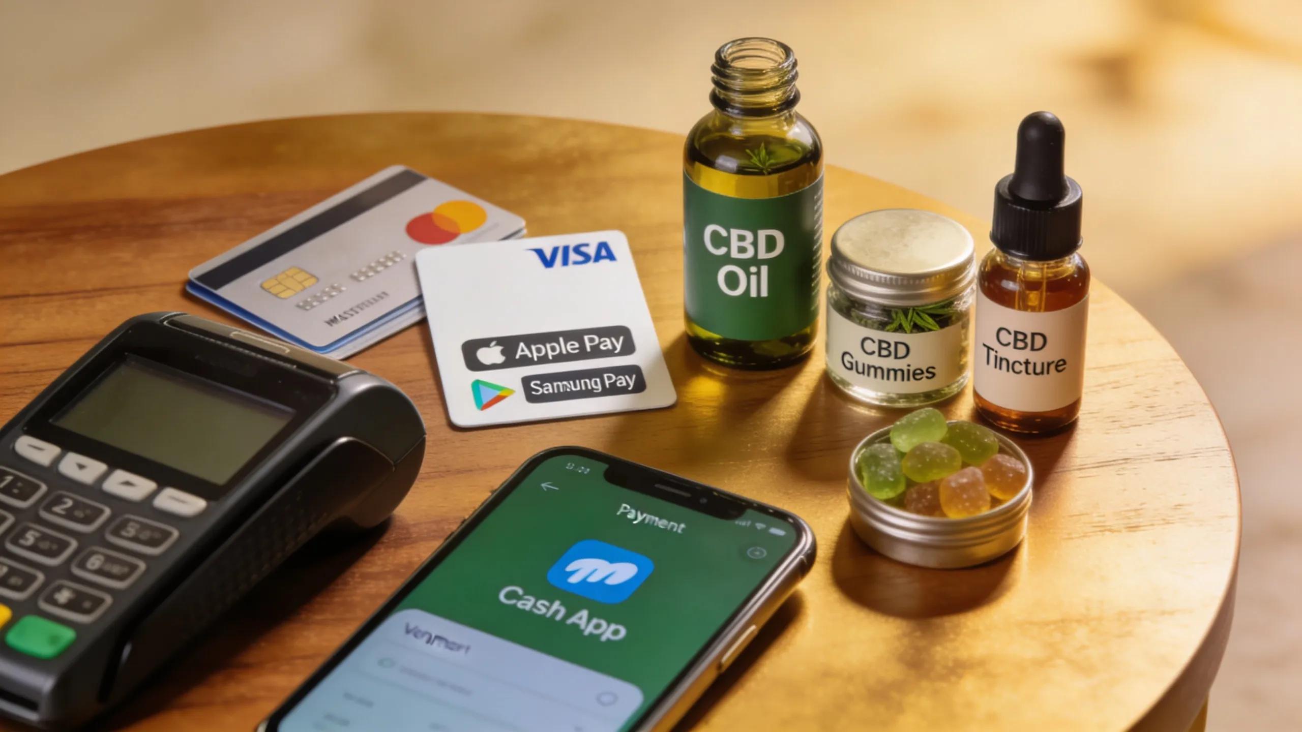 Various payment methods displayed alongside CBD products emphasizing compliance and flexibility
