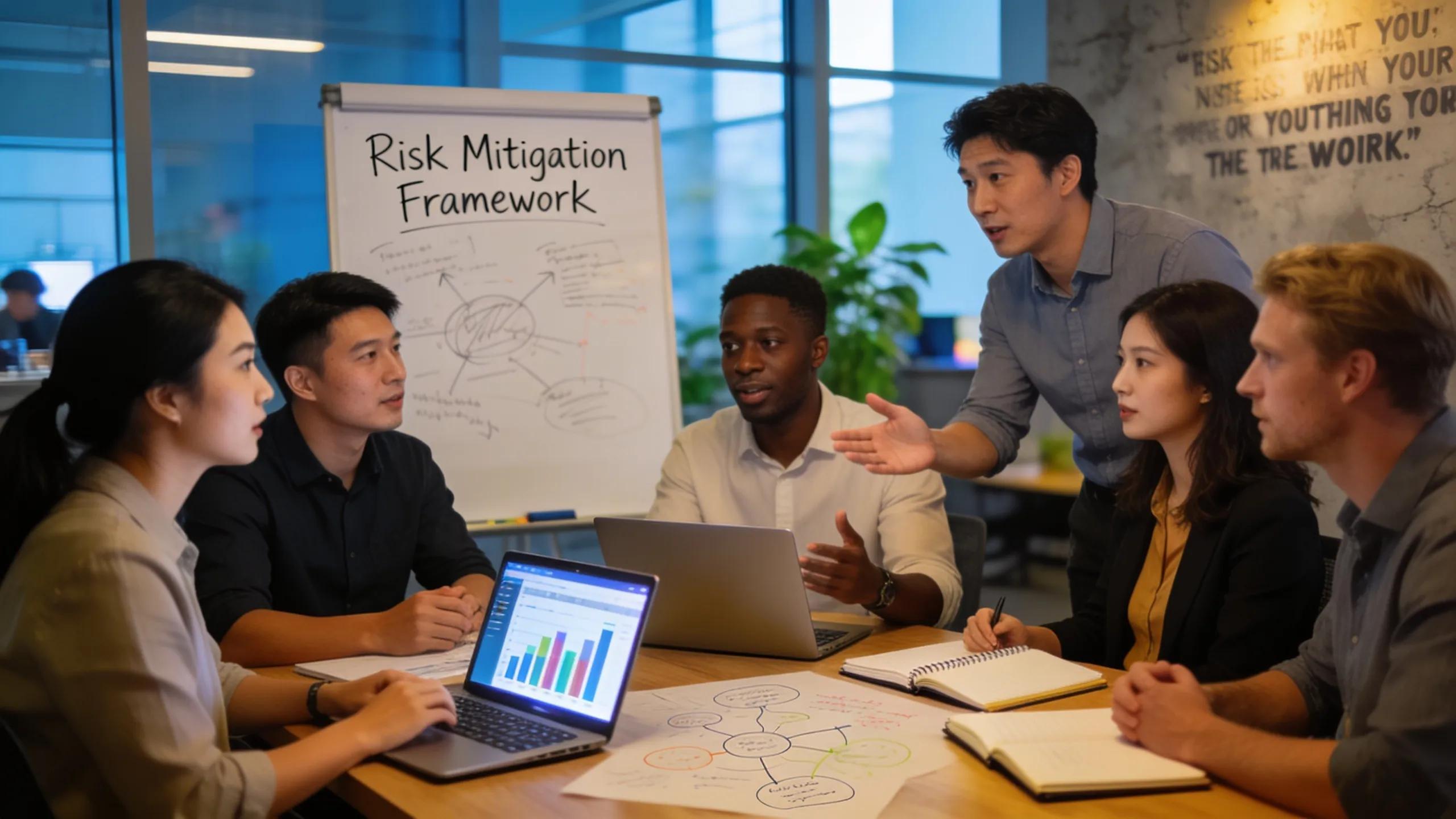 Diverse professionals collaborating on risk management strategies in a business meeting