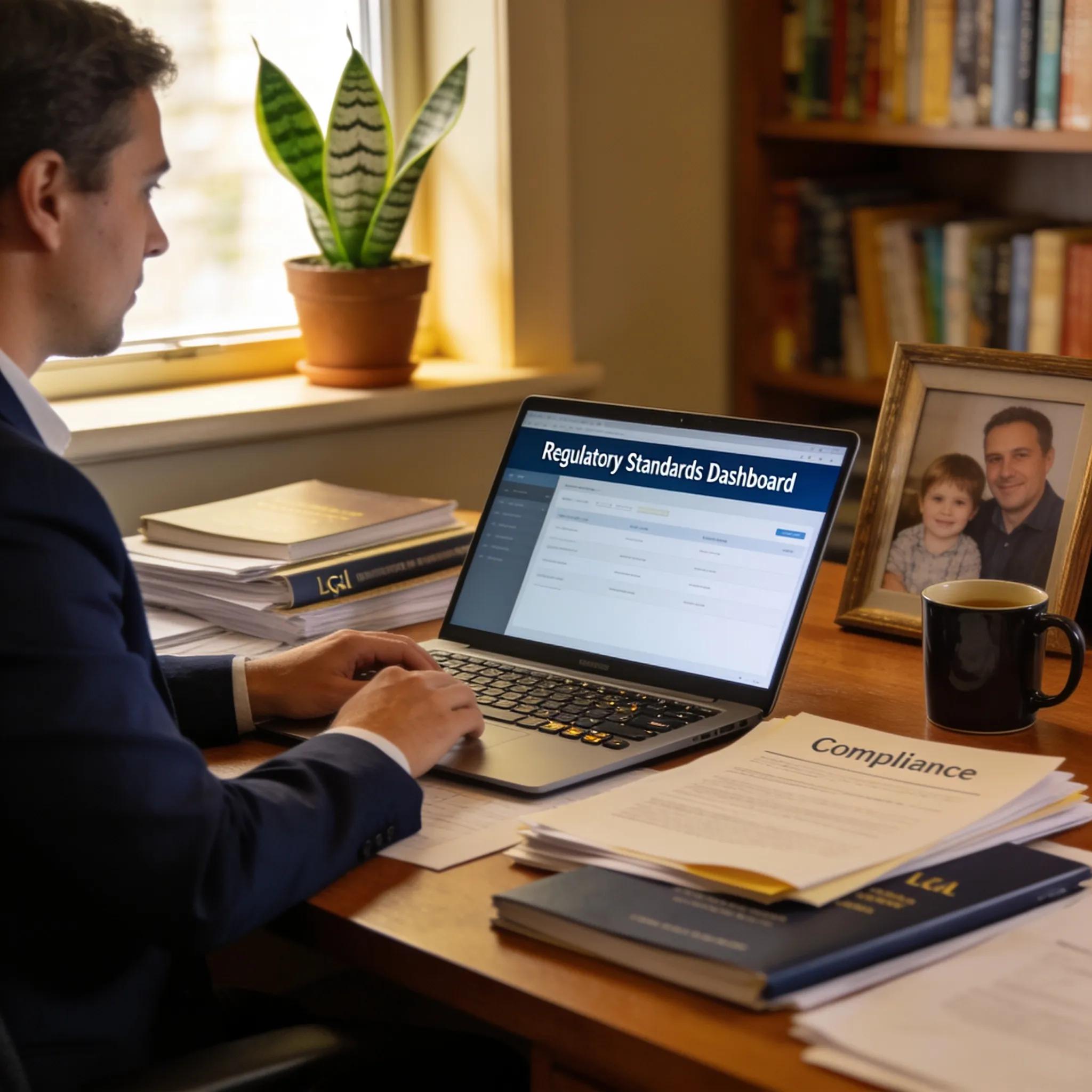 Professional image of a compliance officer working on risk management for high-risk merchants in a cozy office setting