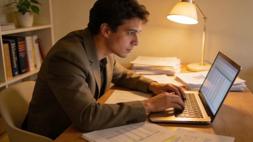 High-risk merchant at work with financial documents and a laptop in a modern office
