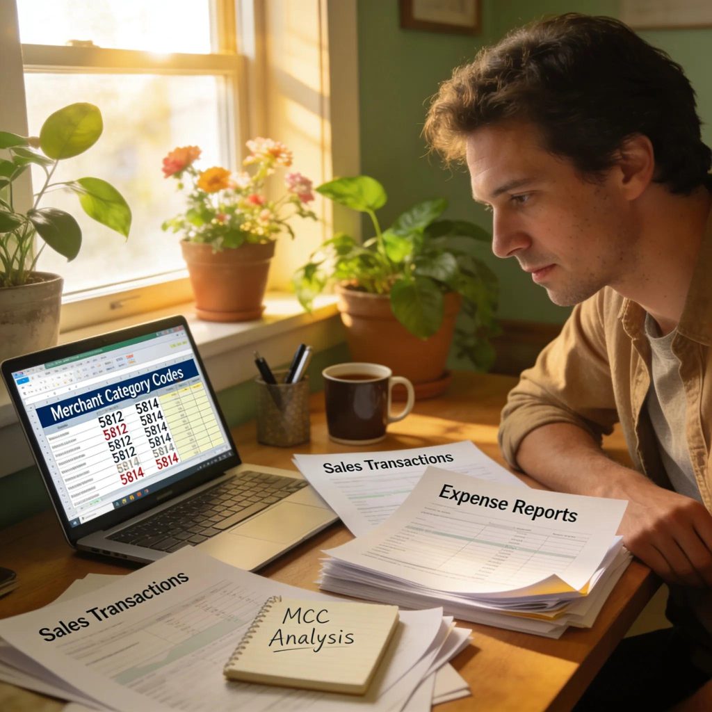 Cozy lifestyle image of a business owner analyzing financial documents related to payment processing risk profiles