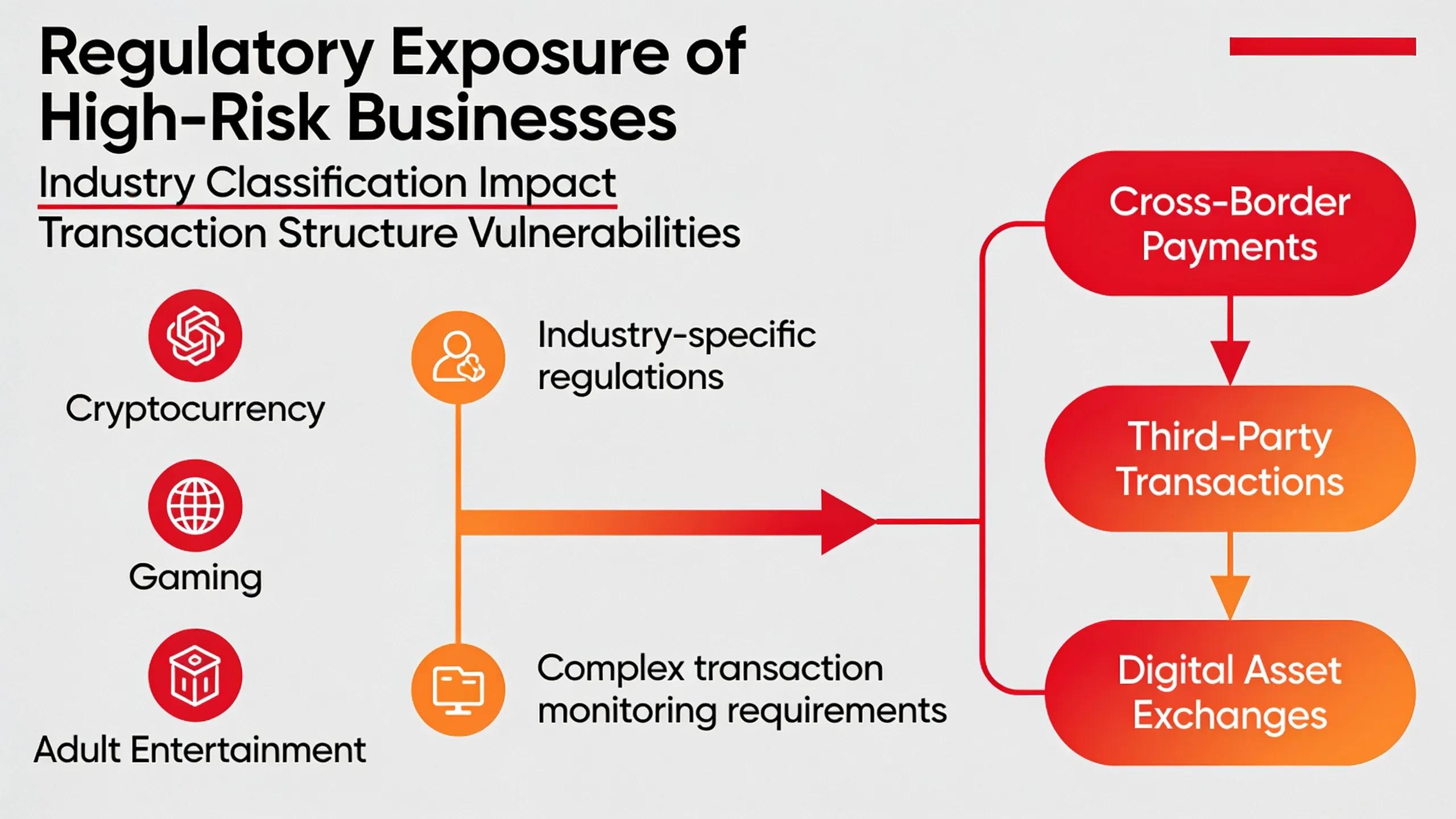 Regulatory exposure diagram illustrating high-risk business classifications and cross-border payment vulnerabilities.