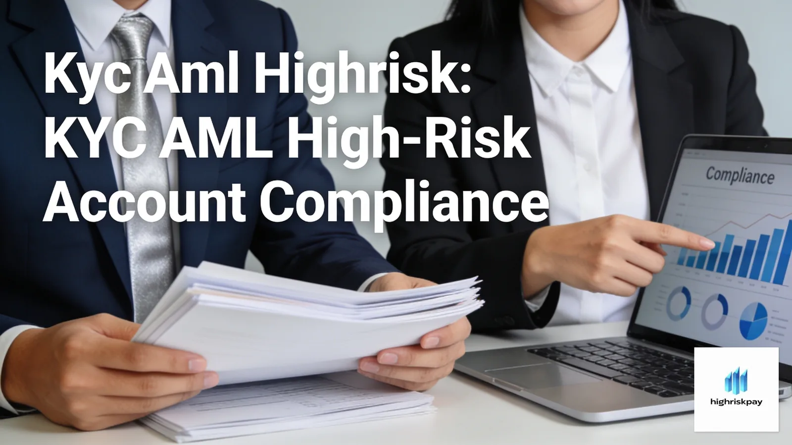 Business professionals reviewing KYC AML high-risk account compliance and data analysis.
