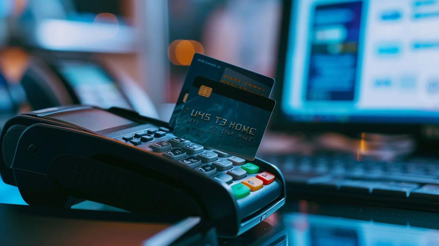 Close-up of a payment processing device with a credit card, highlighting high-risk merchant accounts