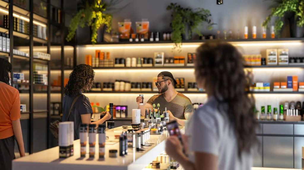 Vibrant vape shop interior with customers exploring products, highlighting the vape industry