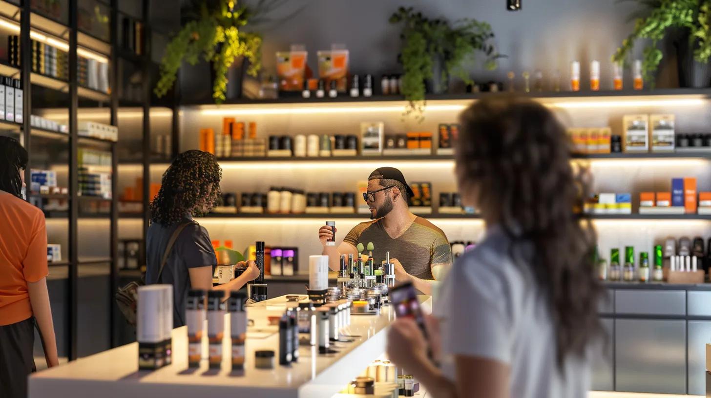Vape and e-cigarette store interior with customers and display of products, secure payment solutions.