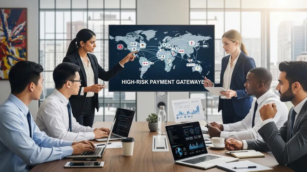 Business professionals collaborating on high-risk payment solutions in a modern office