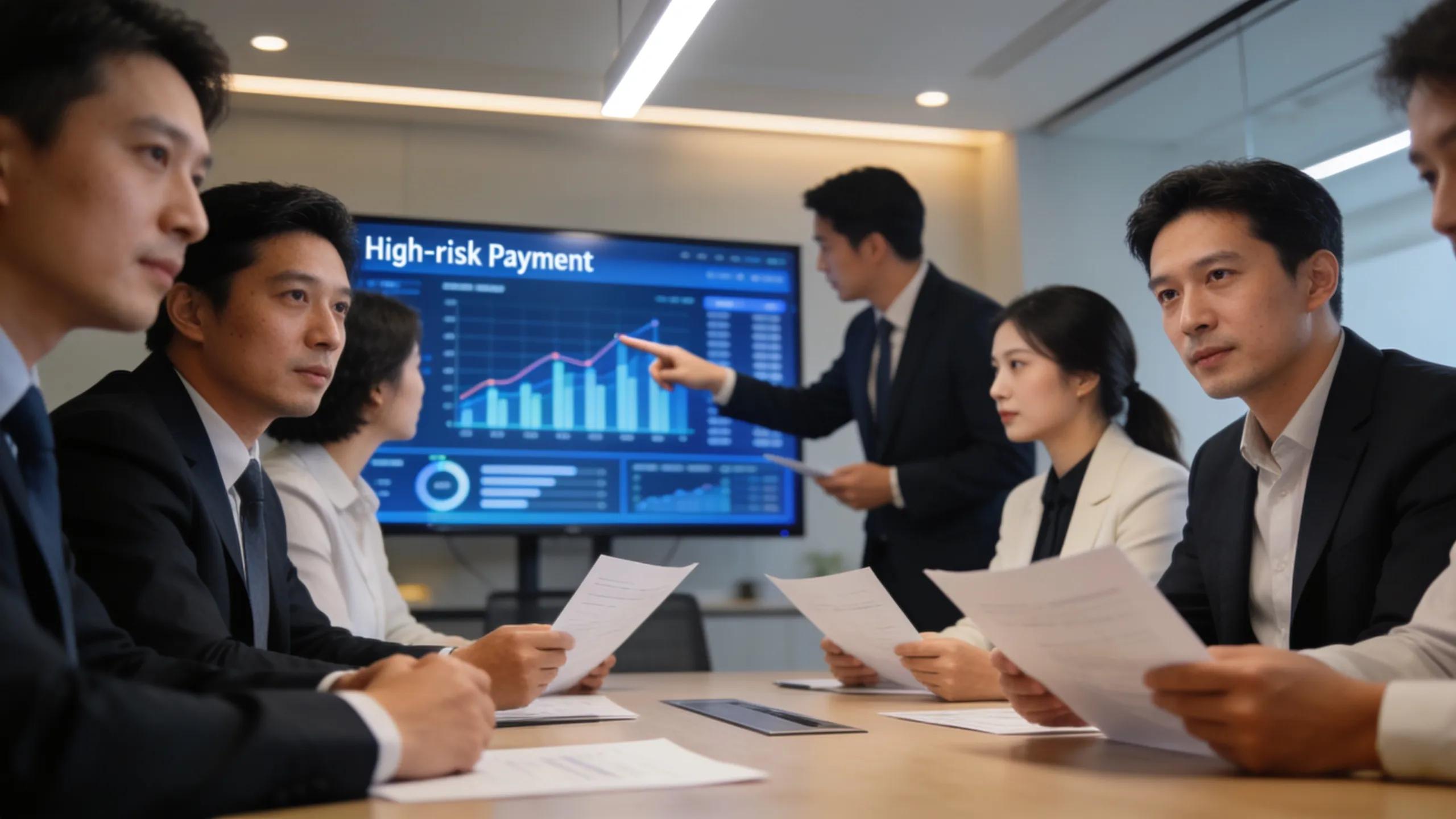 Business professionals collaborating on high-risk payment solutions in a modern office