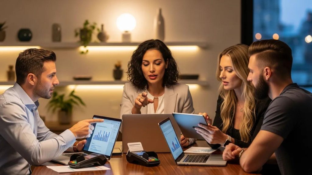 Diverse professionals in an adult entertainment business discussing secure payment solutions