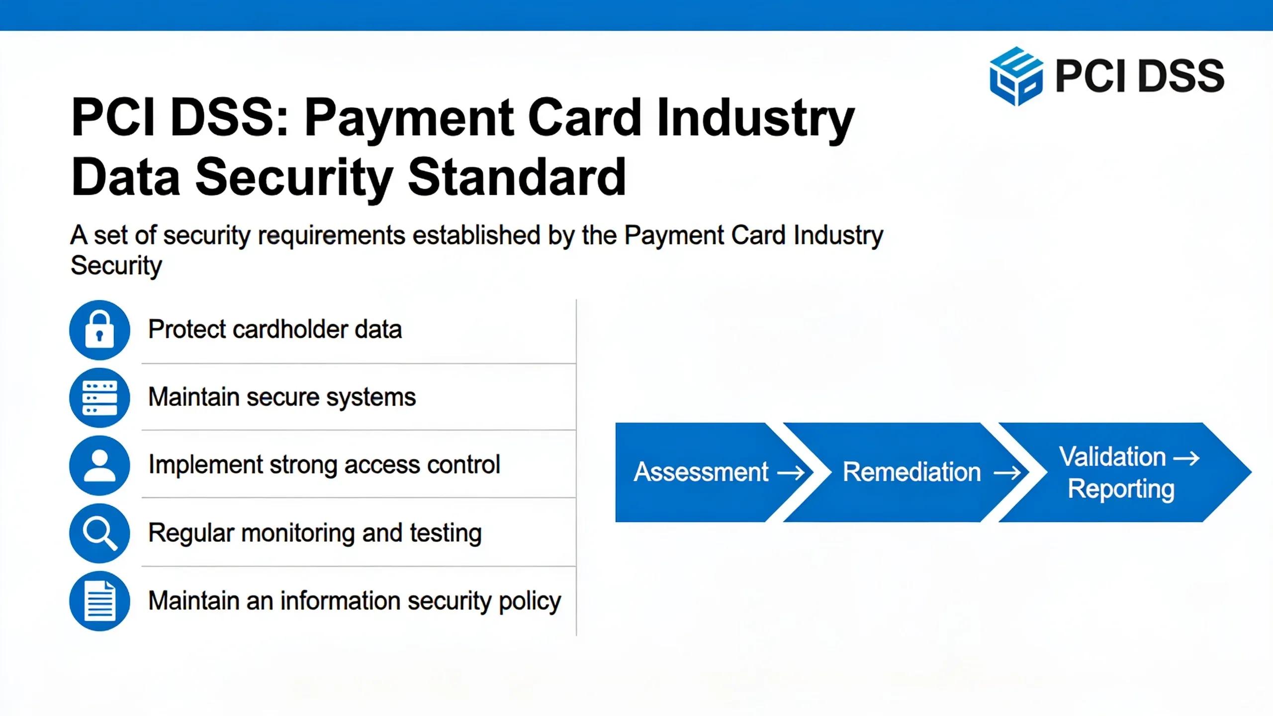 PCI DSS security standard infographic illustrating cardholder data protection, access control, and remediation process.