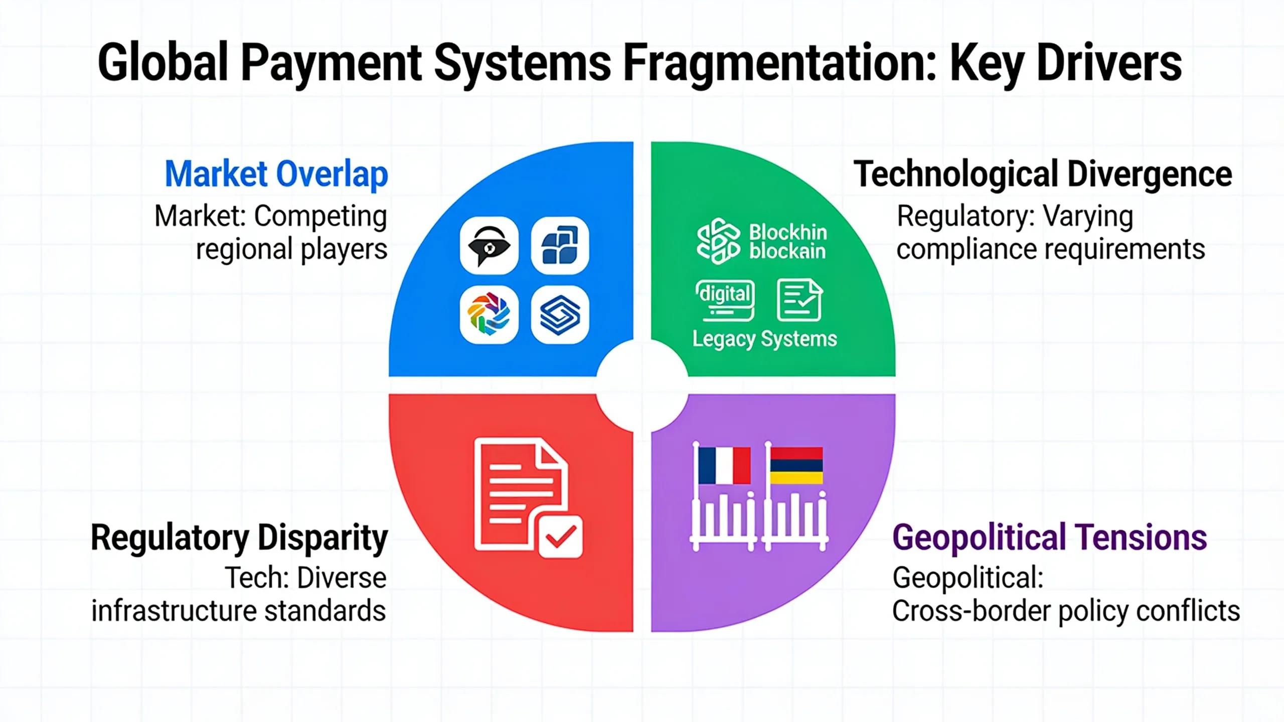 Diagram illustrating key drivers of global payment systems fragmentation, including market overlap, technological divergence, regulatory