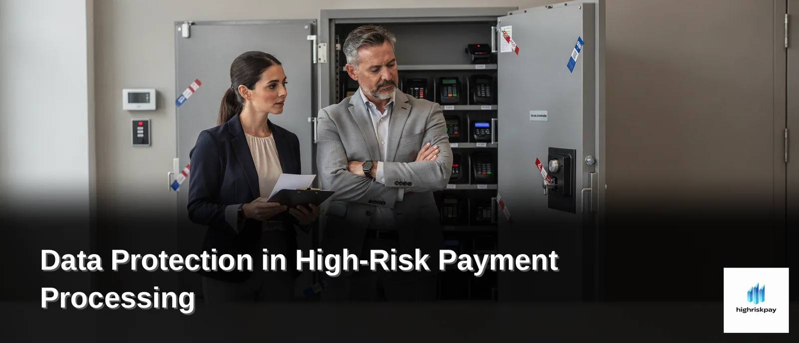 Business professionals examining secure data processing infrastructure, symbolizing HighRiskPay's commitment to PCI-aligned gateways and robust