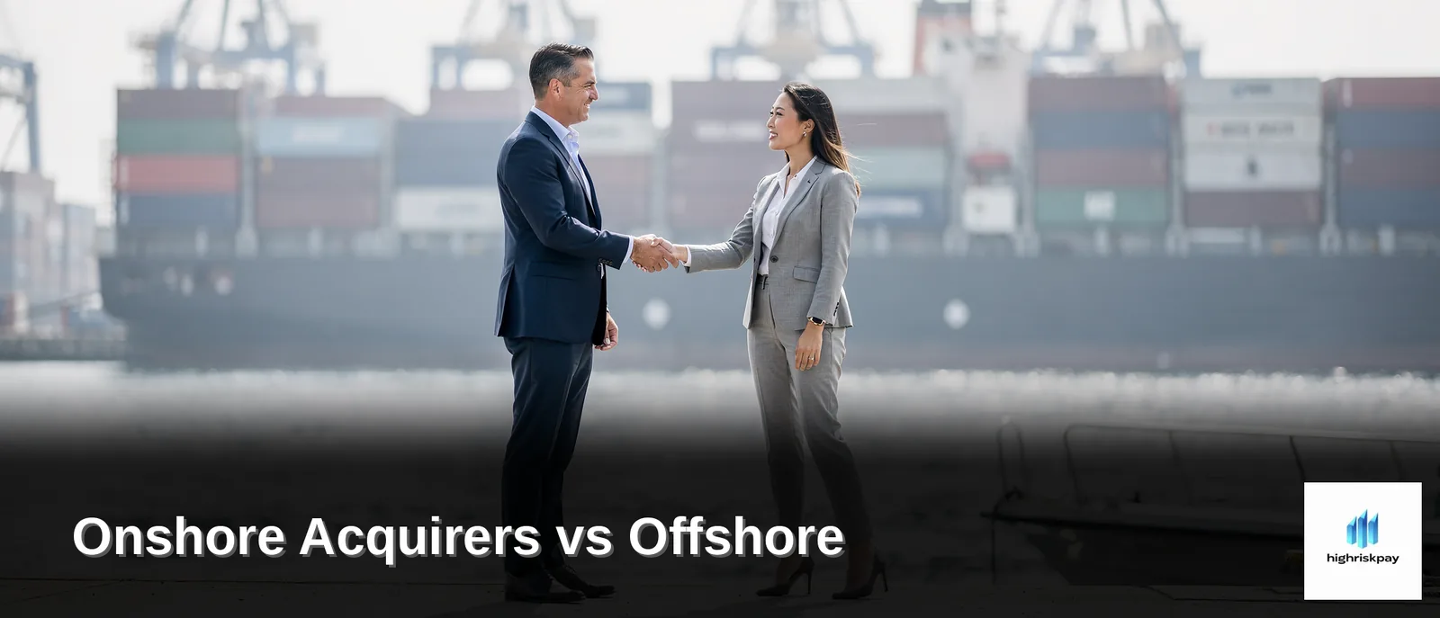 Two business professionals shaking hands against a backdrop of a busy port, illustrating onshore and